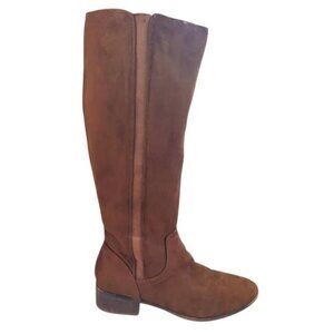 Time and Tru Zipper Faux Suede Tall Riding Heeled Boots 10 Brown Stretch Gore